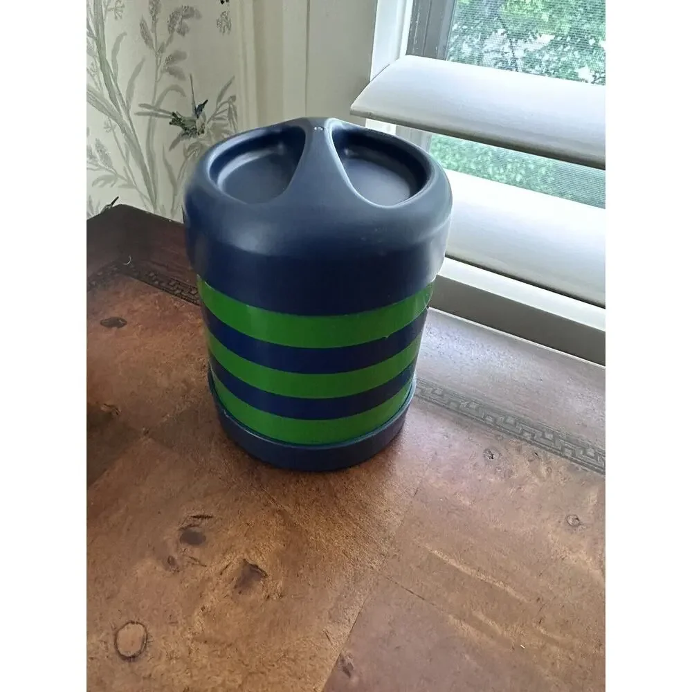 Pottery Barn Kids Thermos Green Strips Hot Cold 10 oz & Foldup Spoon in Lid PBK